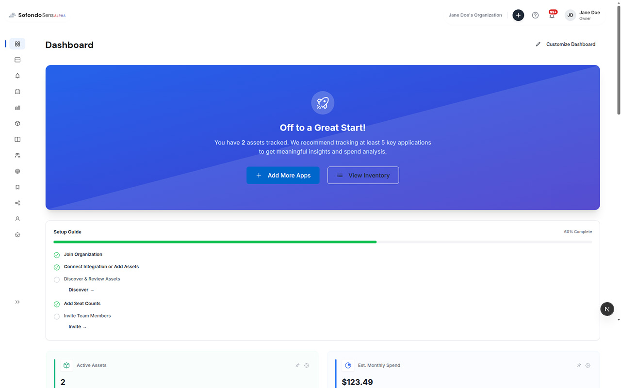 Sofondo Sens Dashboard - Software asset management overview